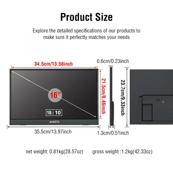 S221bbb124c7b4dd8813c8411ab92b5faM.webp شاشة Anmite 16 بوصة محمولة 🎮 1200P HDR للألعاب والعمل! ✨